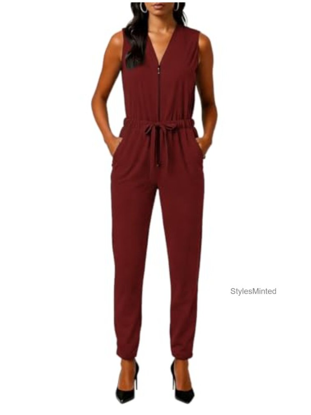Women's Sleeveless V-Neck Wide Leg Jumpsuit with Belt Zip Front Casual